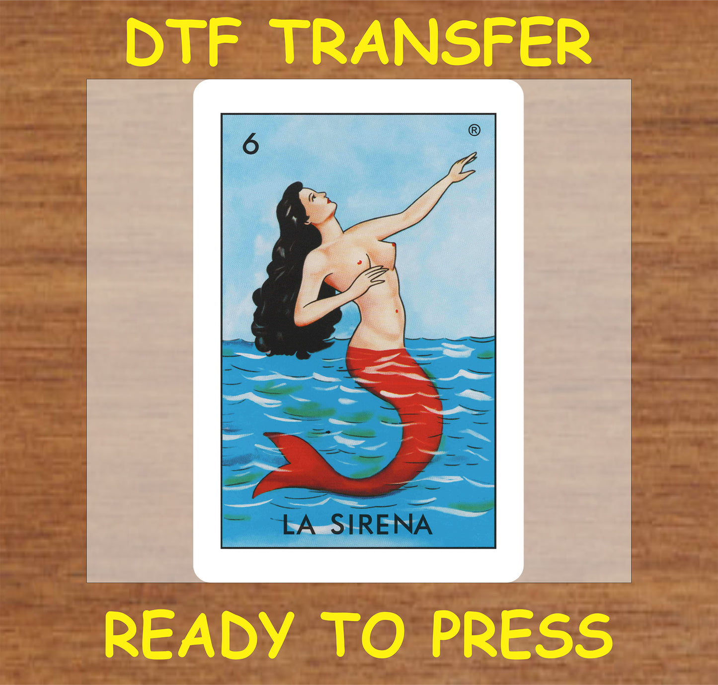 "La Sirena DTF Transfer featuring a beautiful mermaid design in ocean waves."