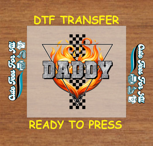 DTF transfer with flaming heart, checkered background, and “DADDY” in bold steel lettering.