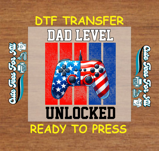 DTF transfer with game controller in American flag colors and text Dad Level Unlocked.