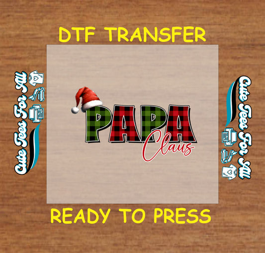 Papa Claus text in red and green plaid with Santa hat on a DTF transfer.