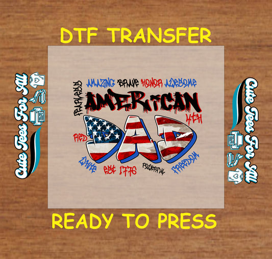 American Dad graffiti-style DTF transfer with red, white, and blue flag letters.