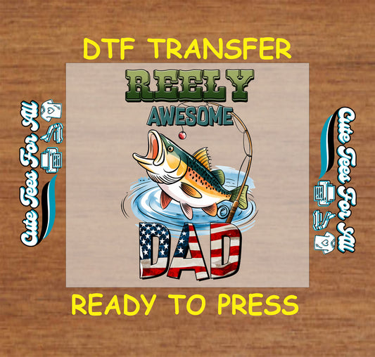 DTF transfer with jumping fish, fishing rod, and patriotic "Dad" text.