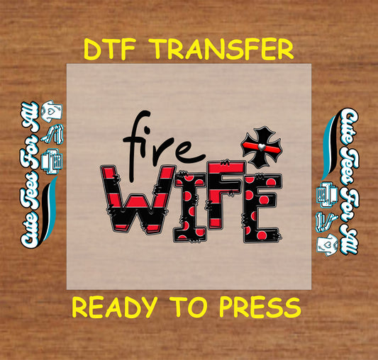 DTF transfer with buffalo plaid "Fire Wife" text and fire department cross with heart.