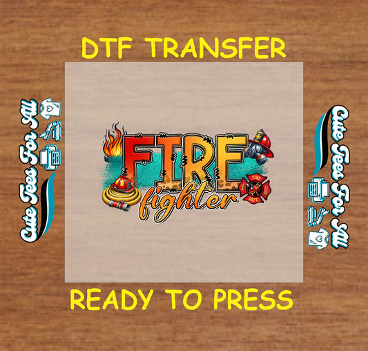 Colorful firefighter DTF transfer with flames, helmets, hose, and fire department emblem.