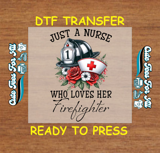 Nurse and firefighter DTF transfer with helmet, nurse hat, and red white roses.