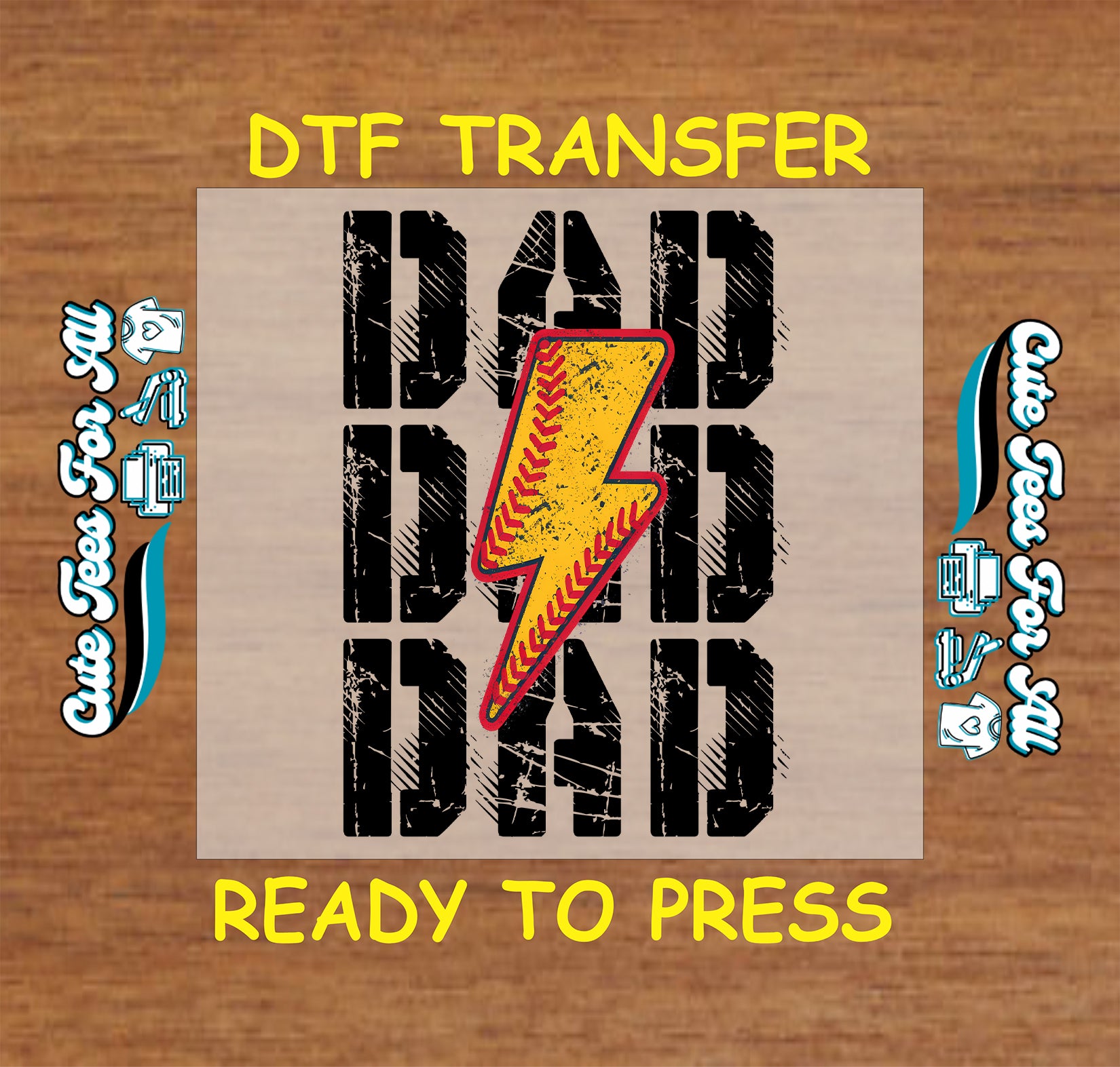 Grunge DAD text with yellow lightning bolt baseball stitching, DTF transfer ready to press.