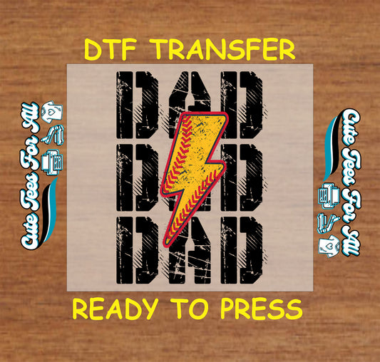 Grunge DAD text with yellow lightning bolt baseball stitching, DTF transfer ready to press.