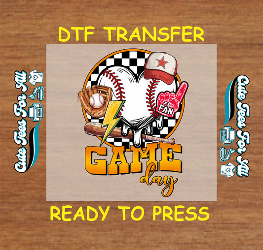Game Day baseball heart with bat, glove, foam finger, and lightning bolt, DTF transfer.