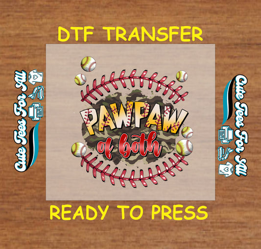 Pawpaw of Both camo background with baseballs and softballs, DTF transfer ready to press.