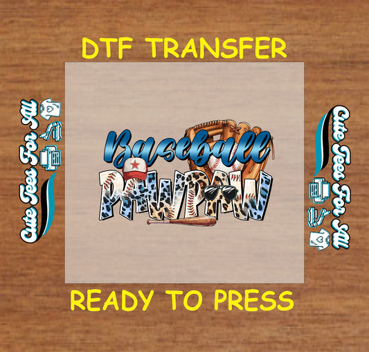 Baseball Pawpaw text with leopard print, gloves, bat, cap, and sunglasses, DTF transfer.