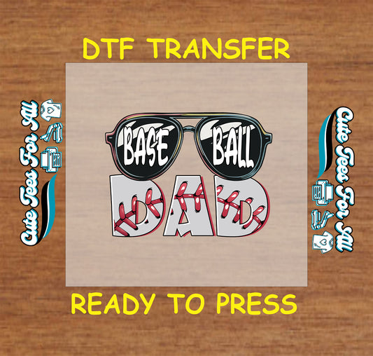 Sunglasses with Baseball Dad text and stitched DAD lettering, DTF transfer ready to press.