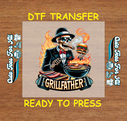 Skeleton grilling with tuxedo and flames, Grillfather text, DTF transfer ready to press.