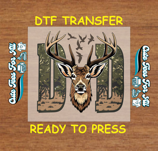 Deer head with antlers over forest scene inside DAD text, DTF transfer ready to press.