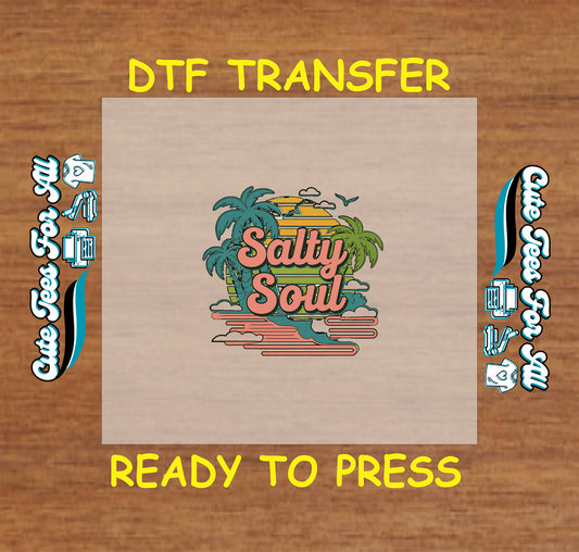 Salty Soul text with palm trees, sunset, waves, and birds in retro beach style, DTF transfer ready to press.