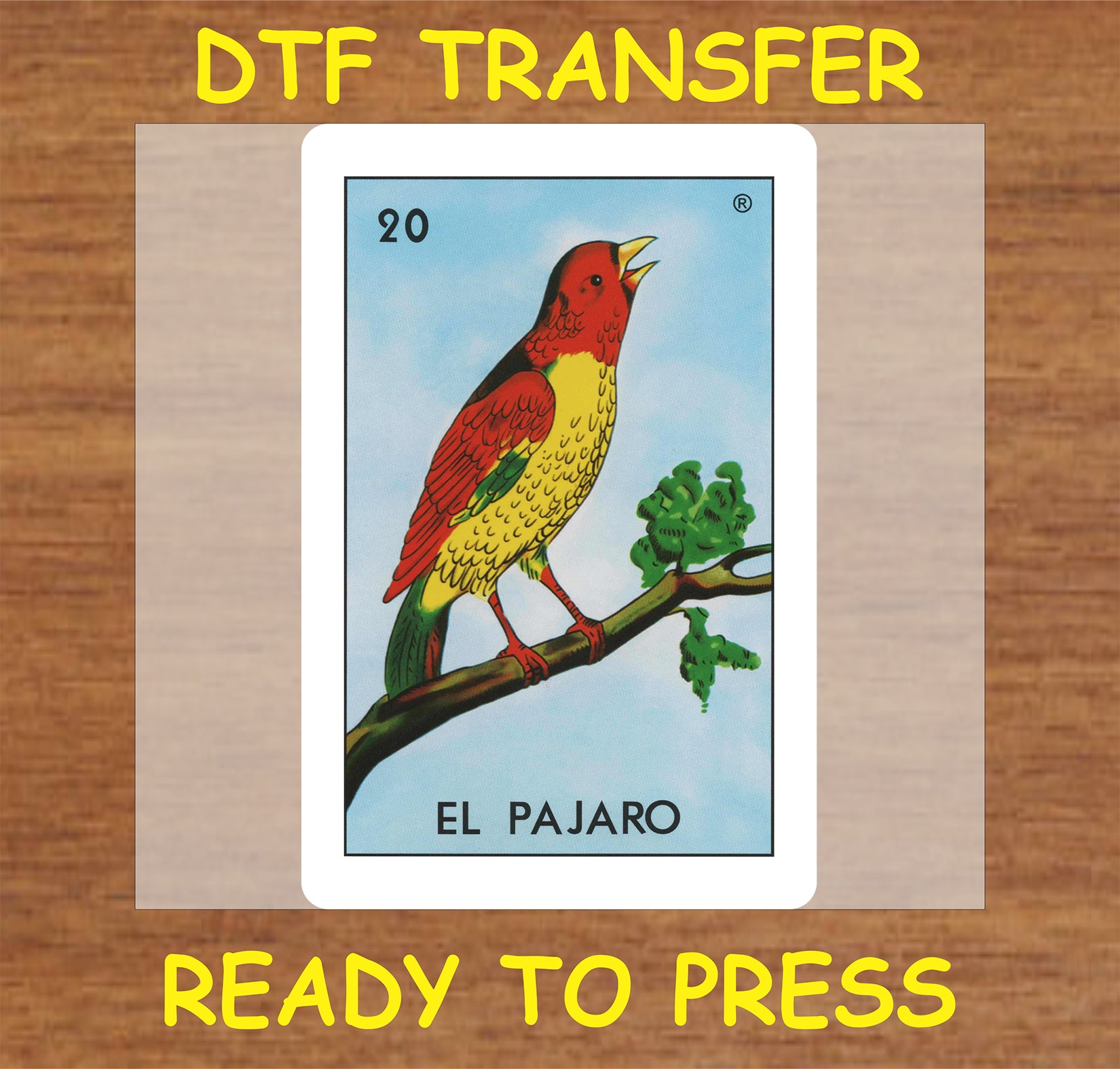 "El Pajaro DTF Transfer featuring a colorful bird on a branch"