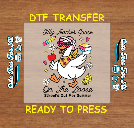 DTF transfer with a cheerful goose wearing sunglasses and scarf, holding books and surrounded by summer icons and teacher elements.