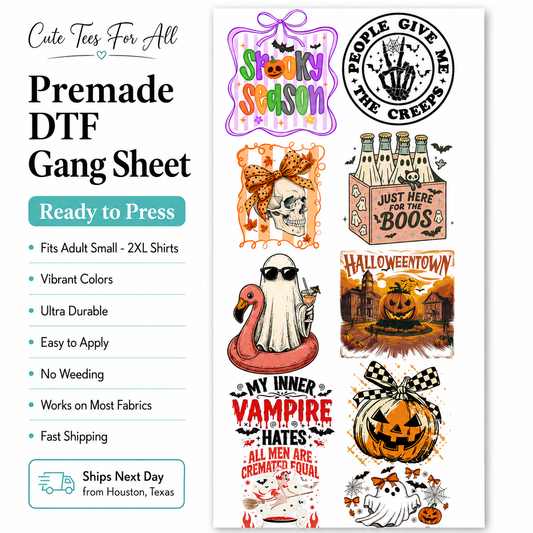 A promotional graphic for a premade DTF gang sheet featuring multiple Halloween-themed graphic designs on a white background, with text listing features such as fit, colors, durability, and shipping details.