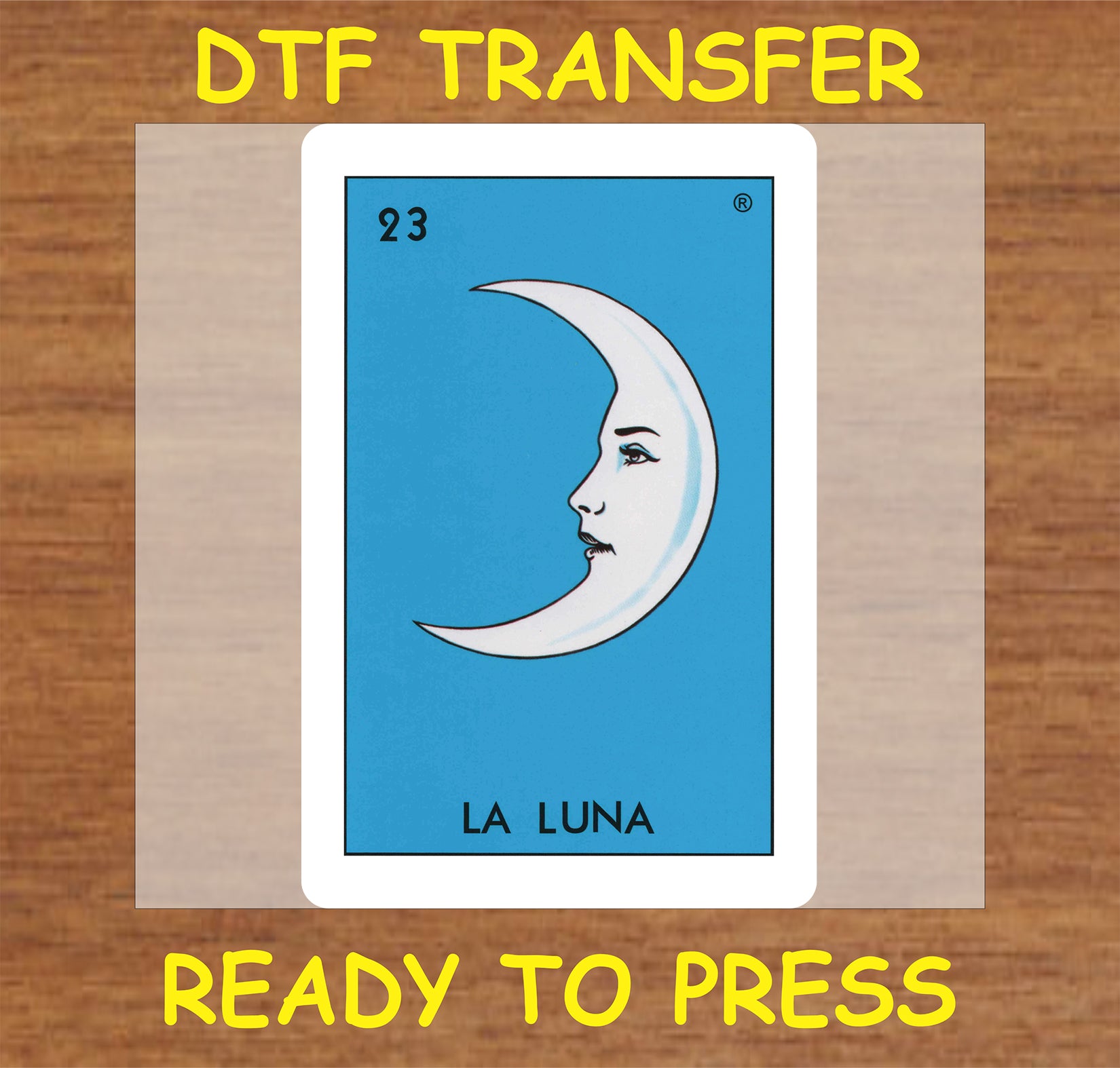 "La Luna DTF Transfer featuring a moon and face illustration"