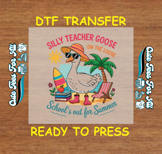 Silly teacher goose summer DTF transfer with sunglasses, surfboard, and palm tree.