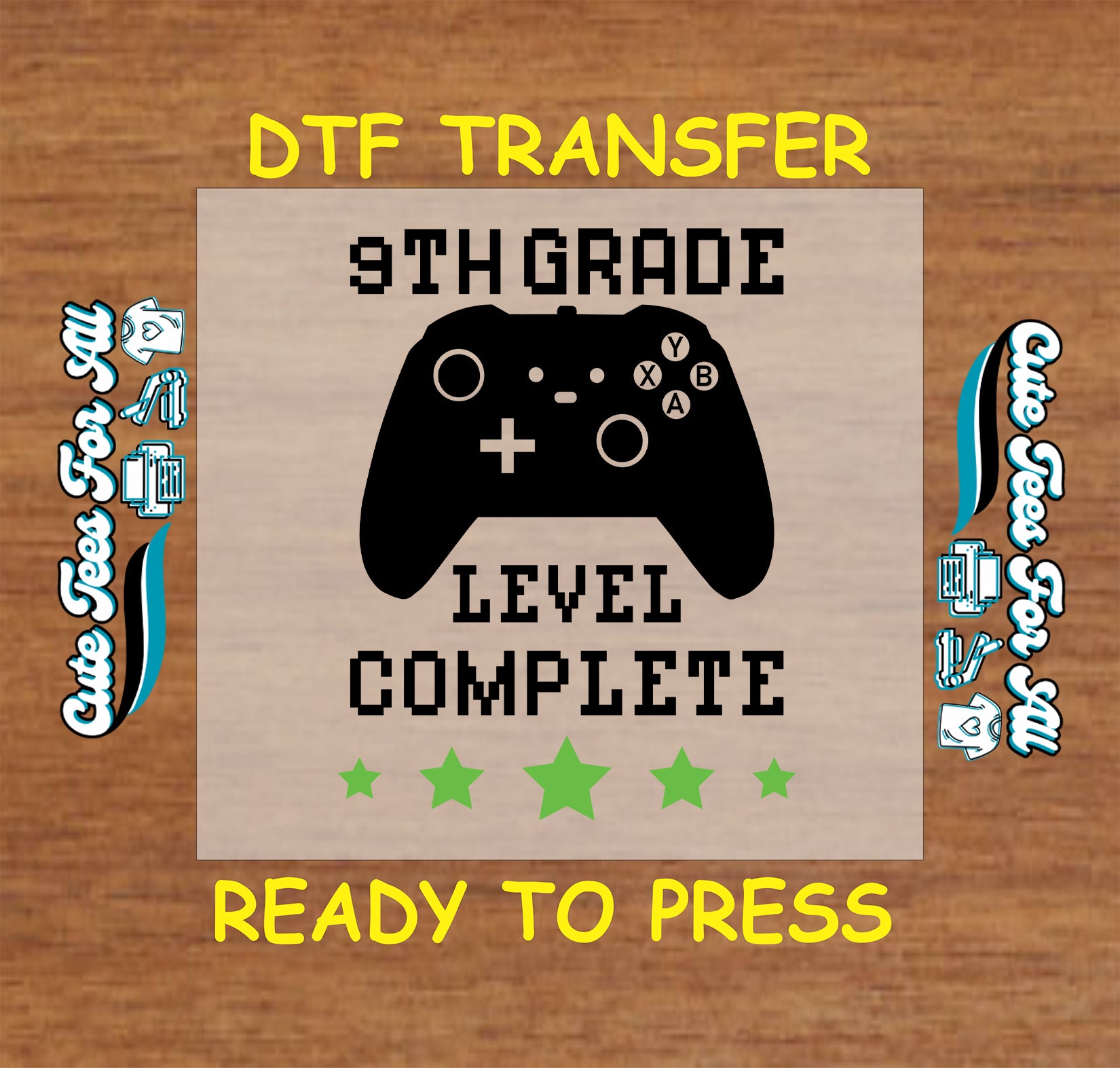 9th grade level complete DTF transfer with black game controller and stars.