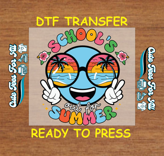Smiling face with sunset sunglasses and "School’s Out for Summer" text in colorful tropical style.