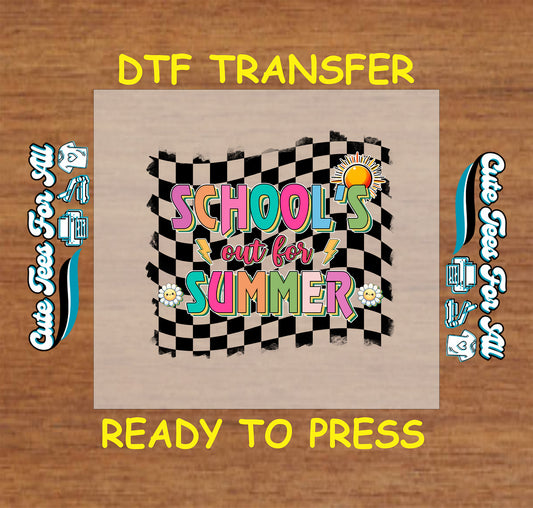 School’s Out for Summer DTF transfer with checkered background, daisies, and sun.
