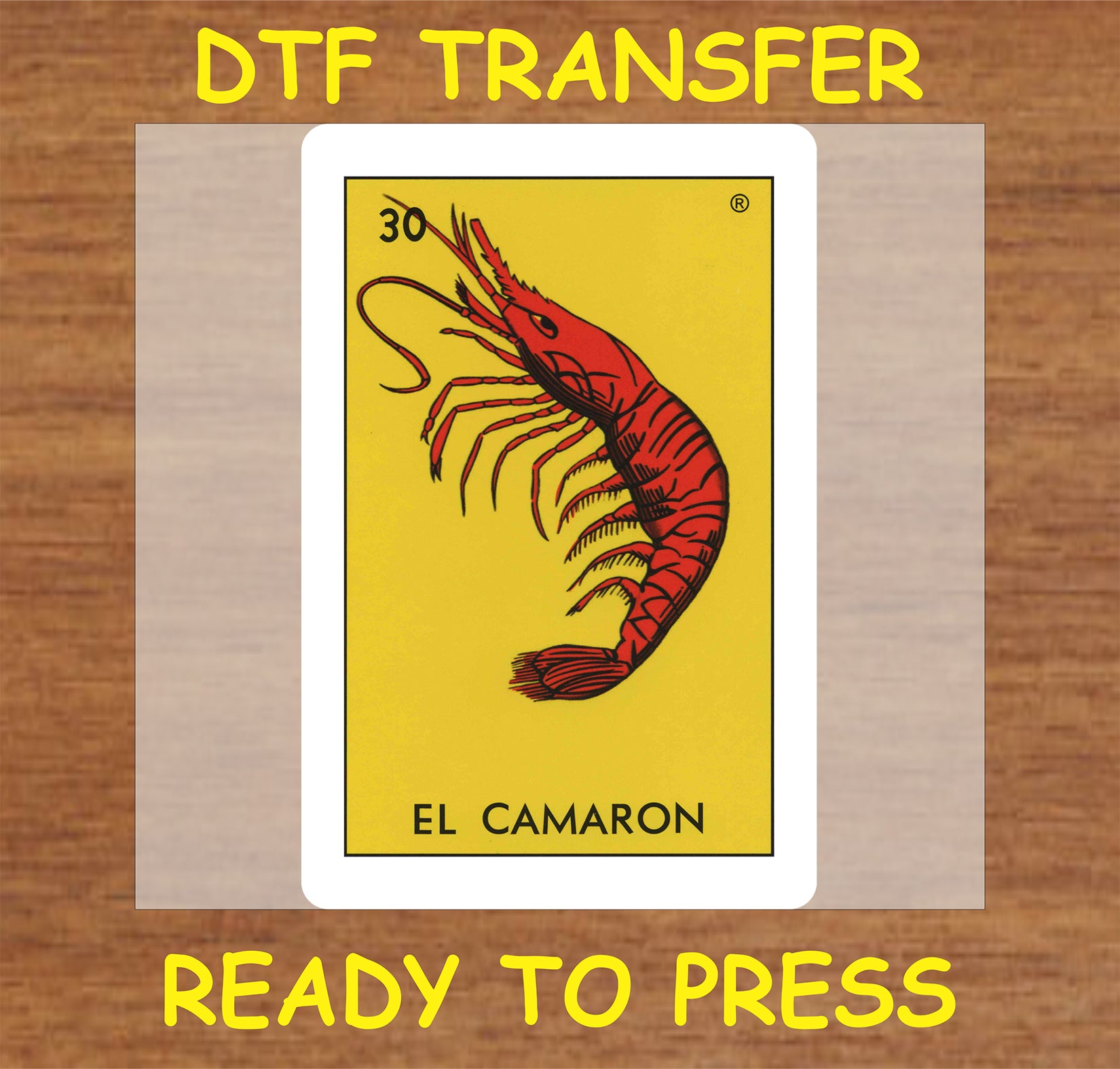 "El Camarón DTF Transfer featuring a colorful shrimp illustration"