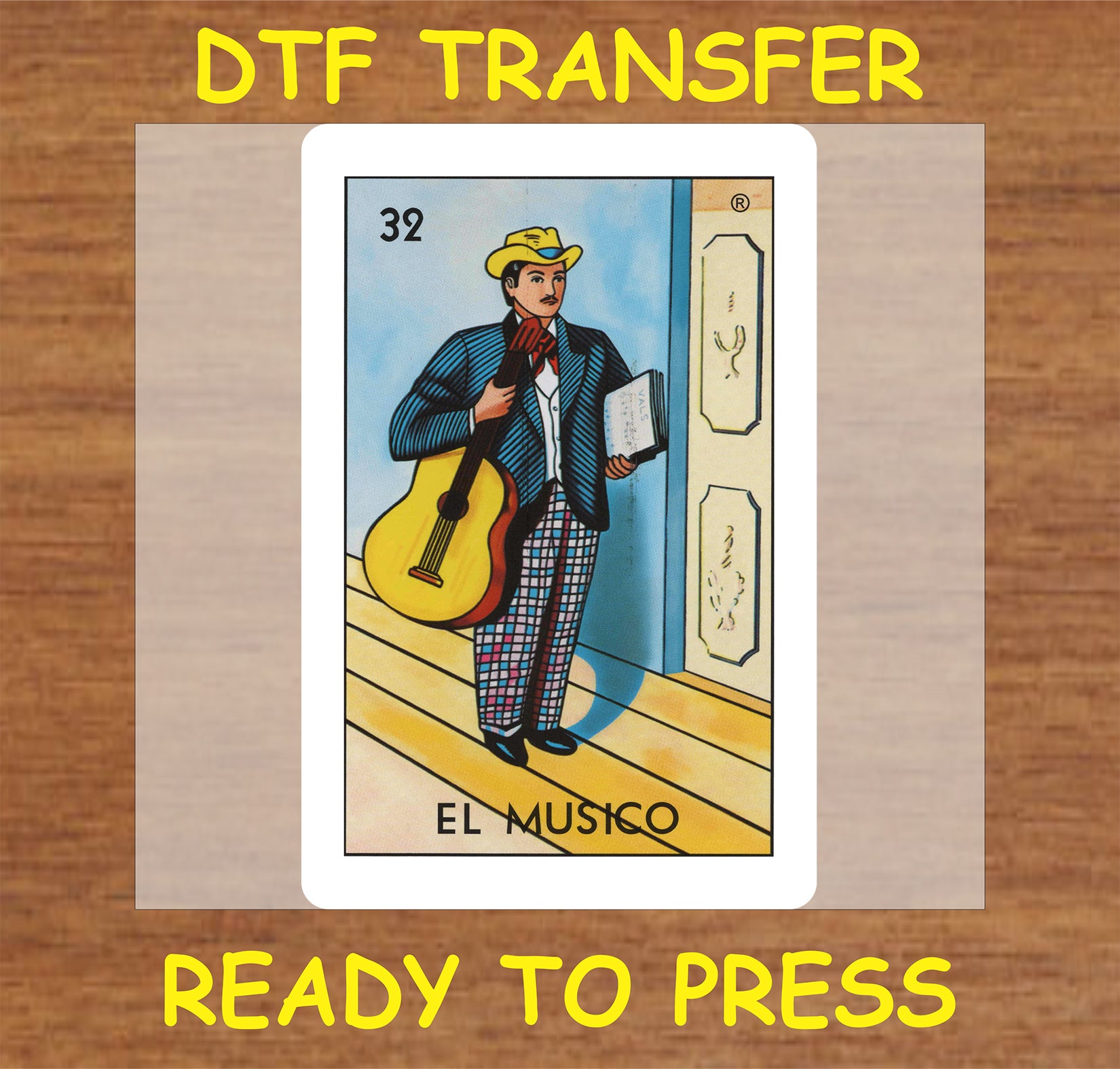 "El Musico DTF Transfer featuring a colorful musician holding a guitar and sheet music"