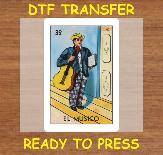 "El Musico DTF Transfer featuring a colorful musician holding a guitar and sheet music"