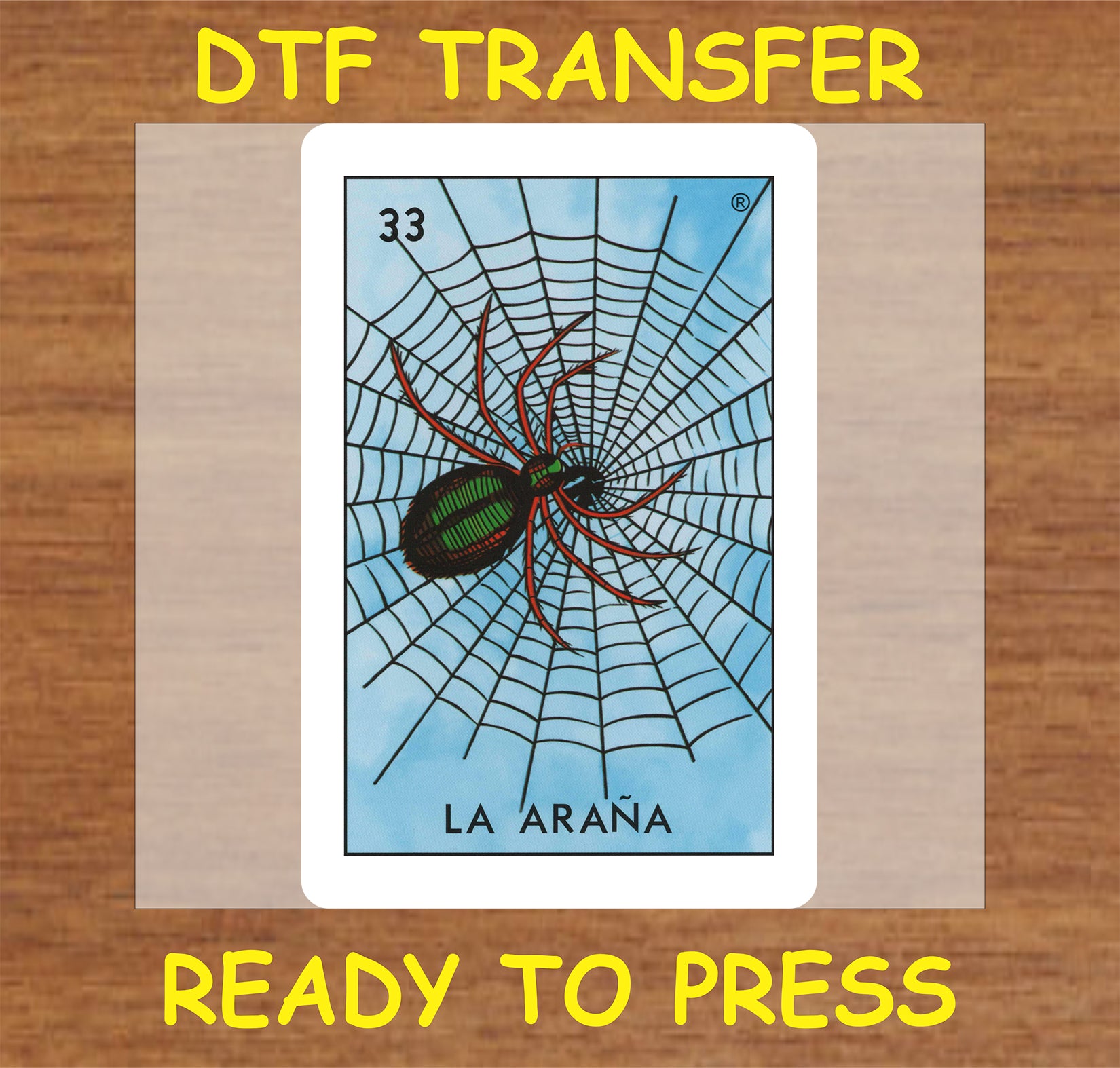 "La Araña DTF Transfer featuring a colorful spider in a web design"