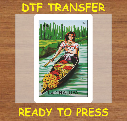 "La Chalupa DTF Transfer featuring a woman in a canoe surrounded by fruits and flowers"