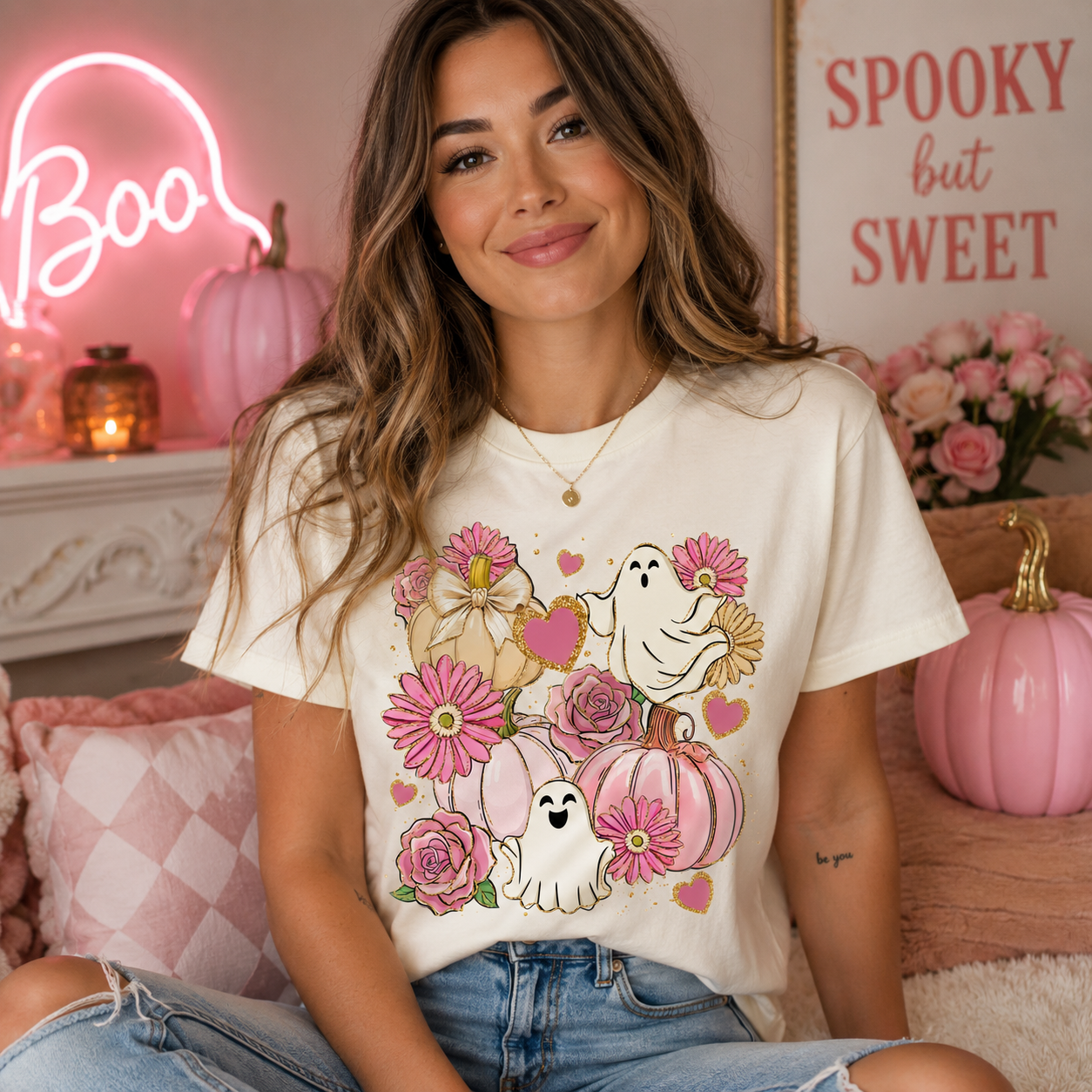 A woman wearing a cream-colored graphic t-shirt with a cute Halloween design of pumpkins, ghosts, and pink flowers. She is sitting in a cozy, pink-themed room with a neon 'Boo' sign and a framed 'SPOOKY but SWEET' sign in the background.