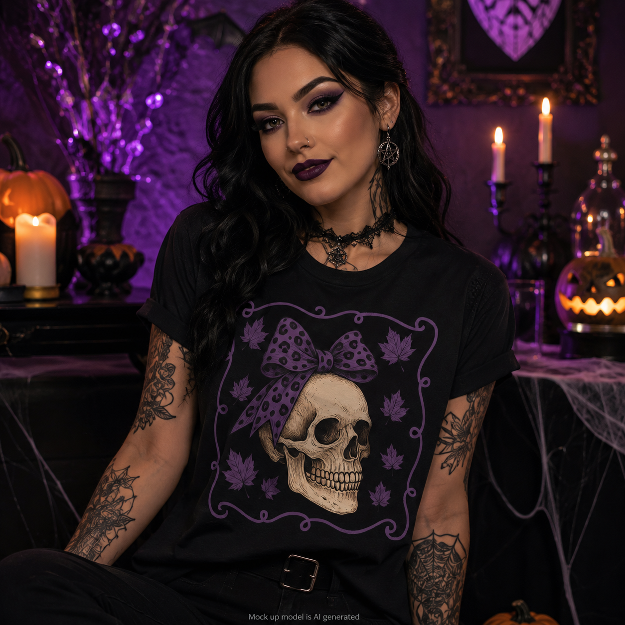 A woman with dark hair and tattoos sits in a Halloween-themed room wearing a black graphic t-shirt with a purple skull and bow design.