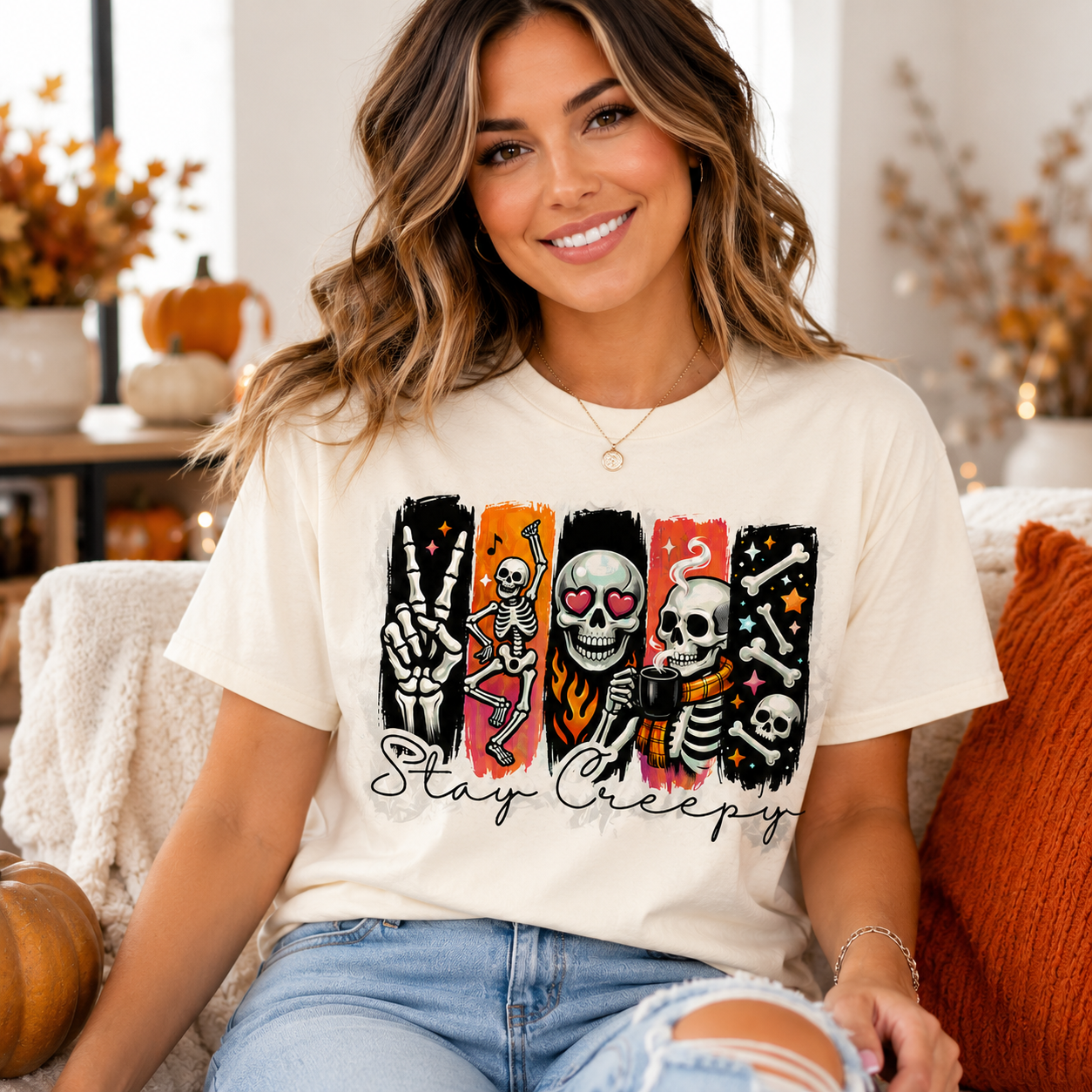 A woman wearing a cream-colored graphic t-shirt with a Halloween-themed skeleton print and the words 'Stay Creepy' in script, paired with distressed blue jeans, sitting on a cozy couch in a warm, autumnal living room setting.