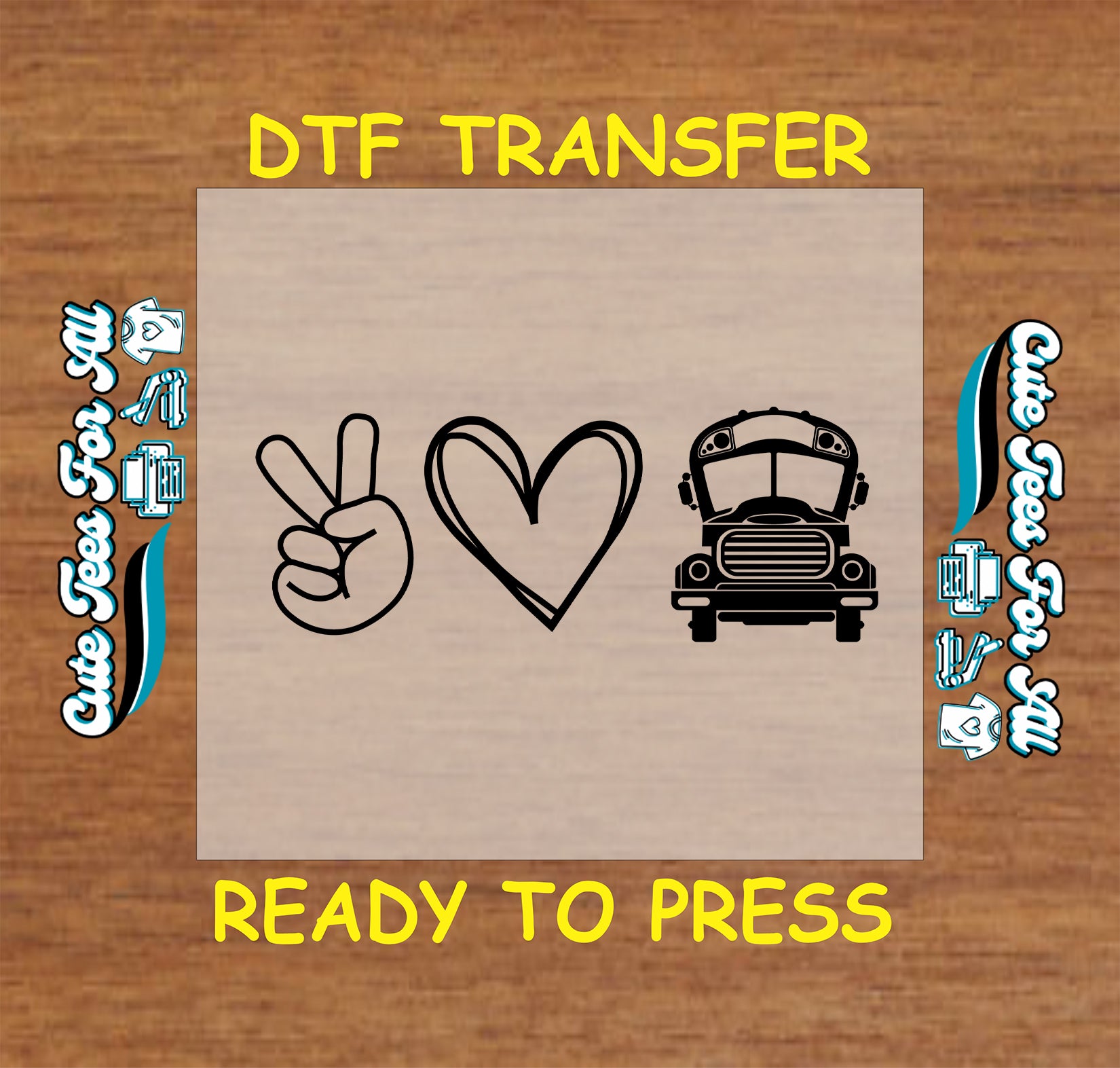 DTF transfer with peace sign, heart, and school bus icons in black outline style.