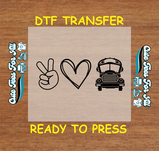 DTF transfer with peace sign, heart, and school bus icons in black outline style.