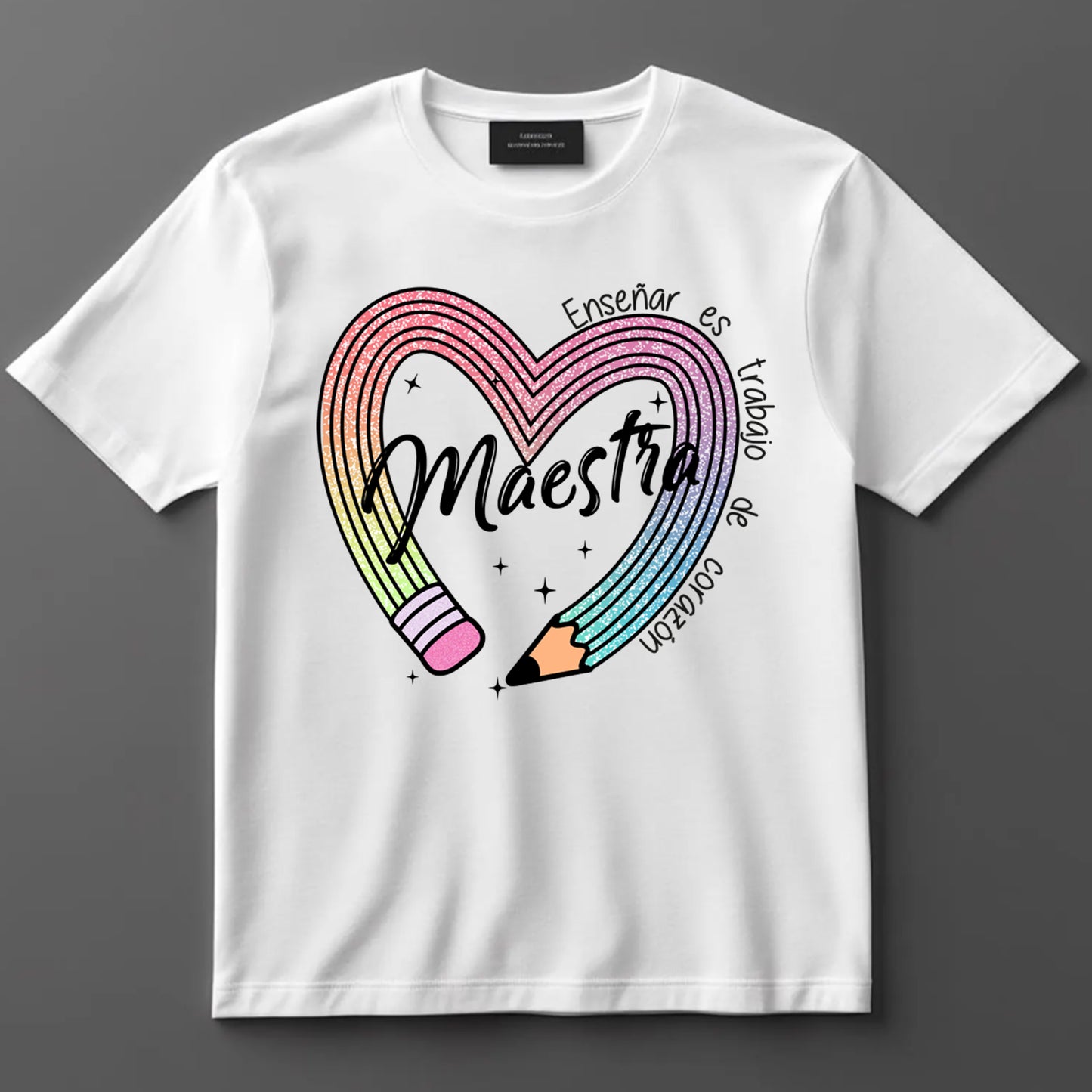 Bilingual Teacher DTF Transfer Iron On Heat Transfer - Ready to Press, Maestra Rainbow Glitter Pencil DTF Transfer 9790