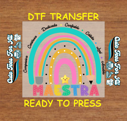 Rainbow pencil Maestra DTF transfer with Spanish adjectives and colorful lettering.