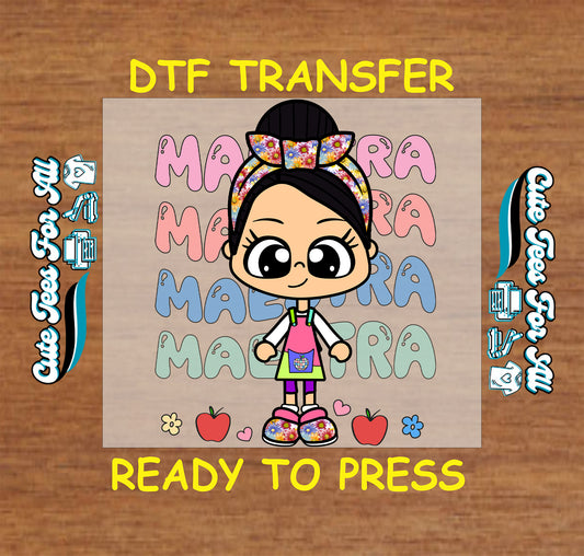 Cartoon maestra with floral bow and multicolor Maestra text in pastel tones