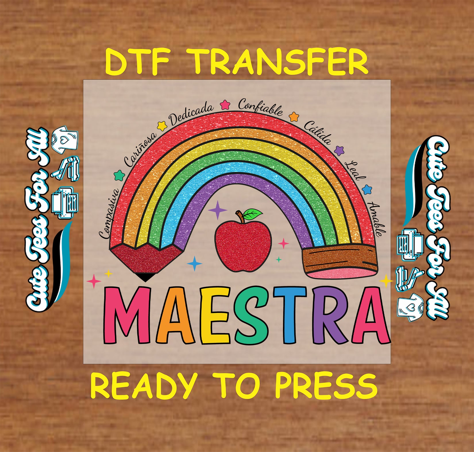 Rainbow pencil and apple graphic with the word Maestra and Spanish traits.
