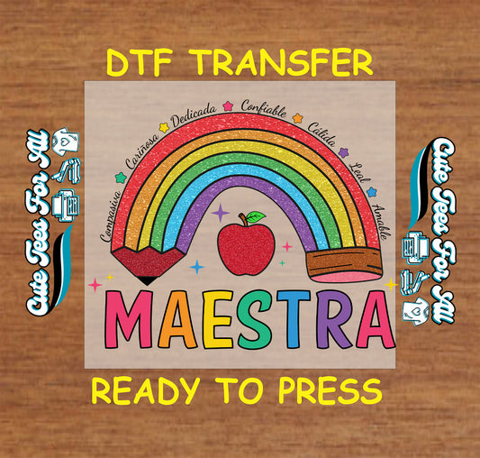 Rainbow pencil and apple graphic with the word Maestra and Spanish traits.