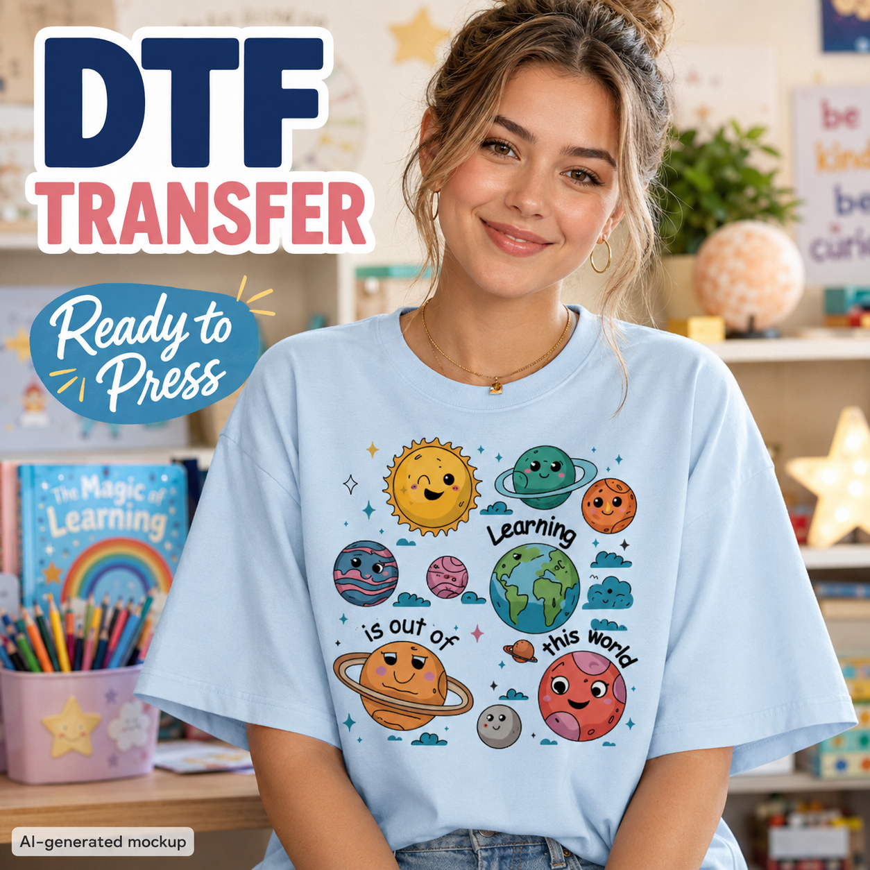 A woman wearing a light blue graphic T-shirt with cartoon planets and the text 'DTF TRANSFER Ready to Press' and 'is out of this world'. The background shows a colorful classroom or library setting with books and shelves.