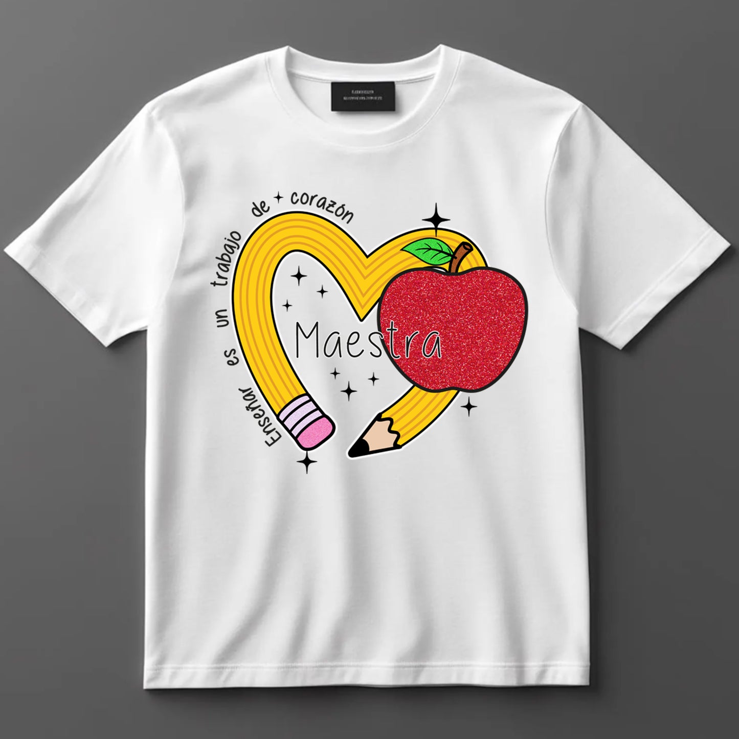 Bilingual Teacher DTF Transfer Iron On Heat Transfer - Ready to Press, Maestra Yellow Heart Pencil DTF Transfer 9802