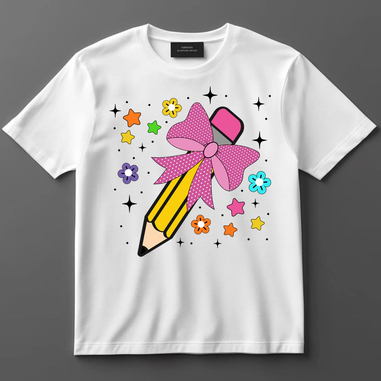 Bilingual Teacher DTF Transfer Iron On Heat Transfer - Ready to Press, Pink Bow Pencil DTF Transfer 9807