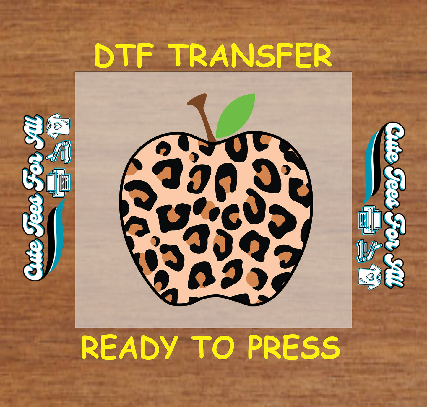 Leopard print apple graphic for DTF transfer with green leaf and brown stem.