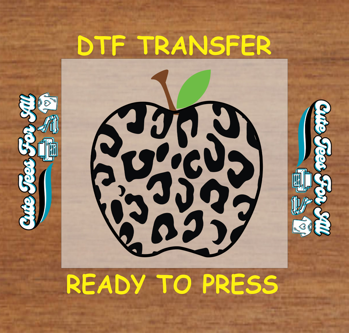 Black leopard print apple DTF transfer with brown stem and green leaf.