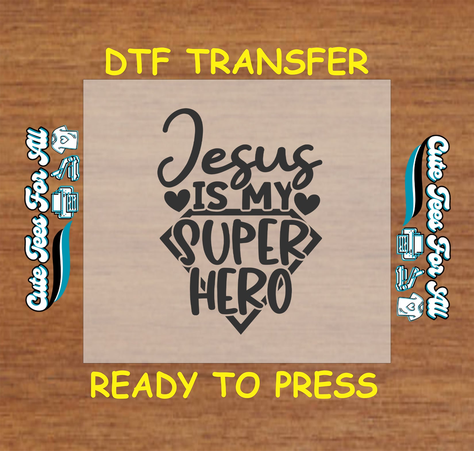 Jesus is my superhero DTF transfer with heart and shield graphic.