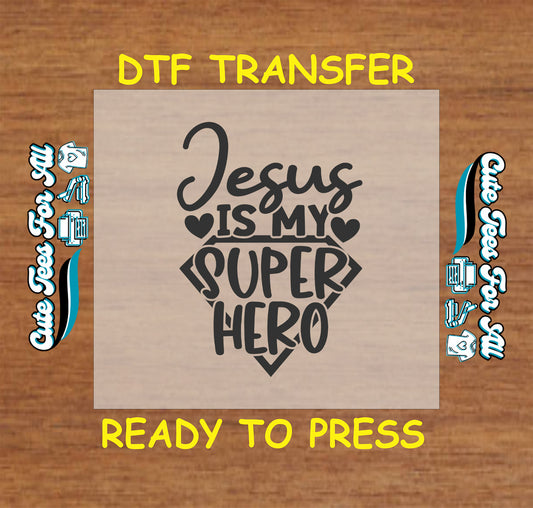 Jesus is my superhero DTF transfer with heart and shield graphic.