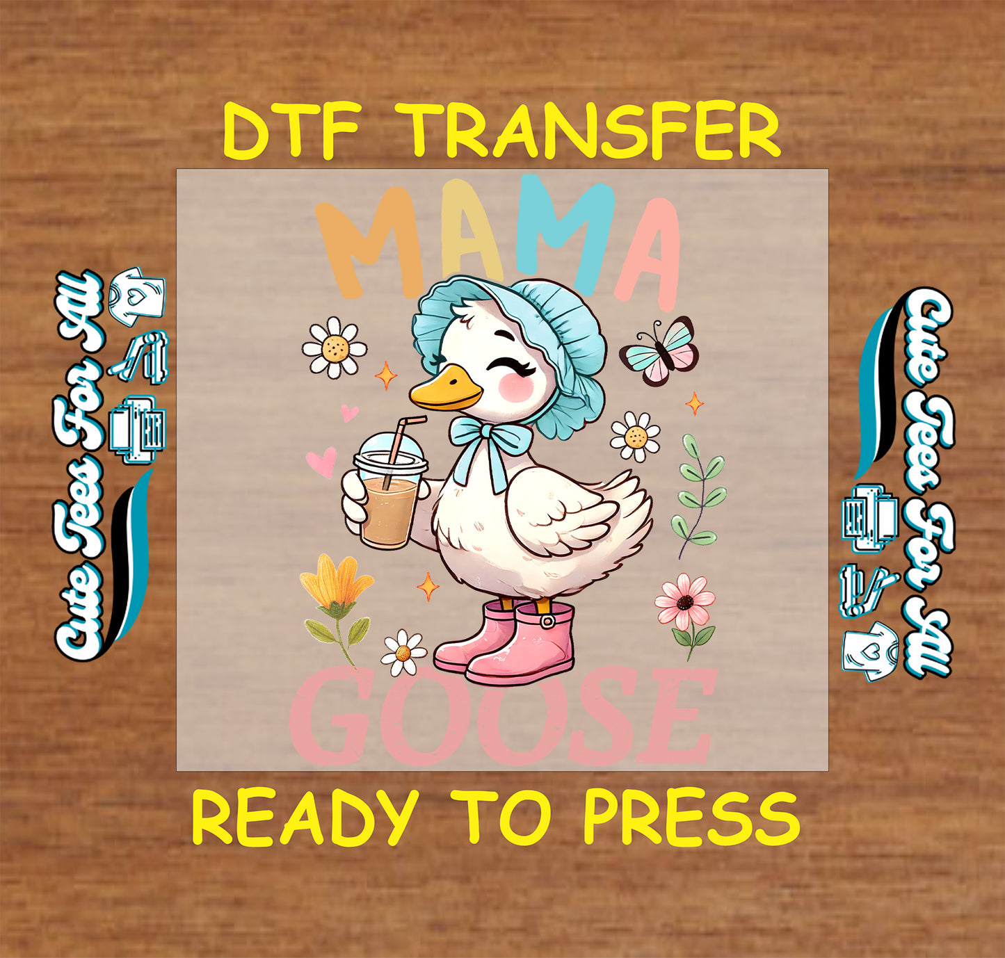 Smiling goose in bonnet with iced coffee and flowers under the words “Mama Goose”