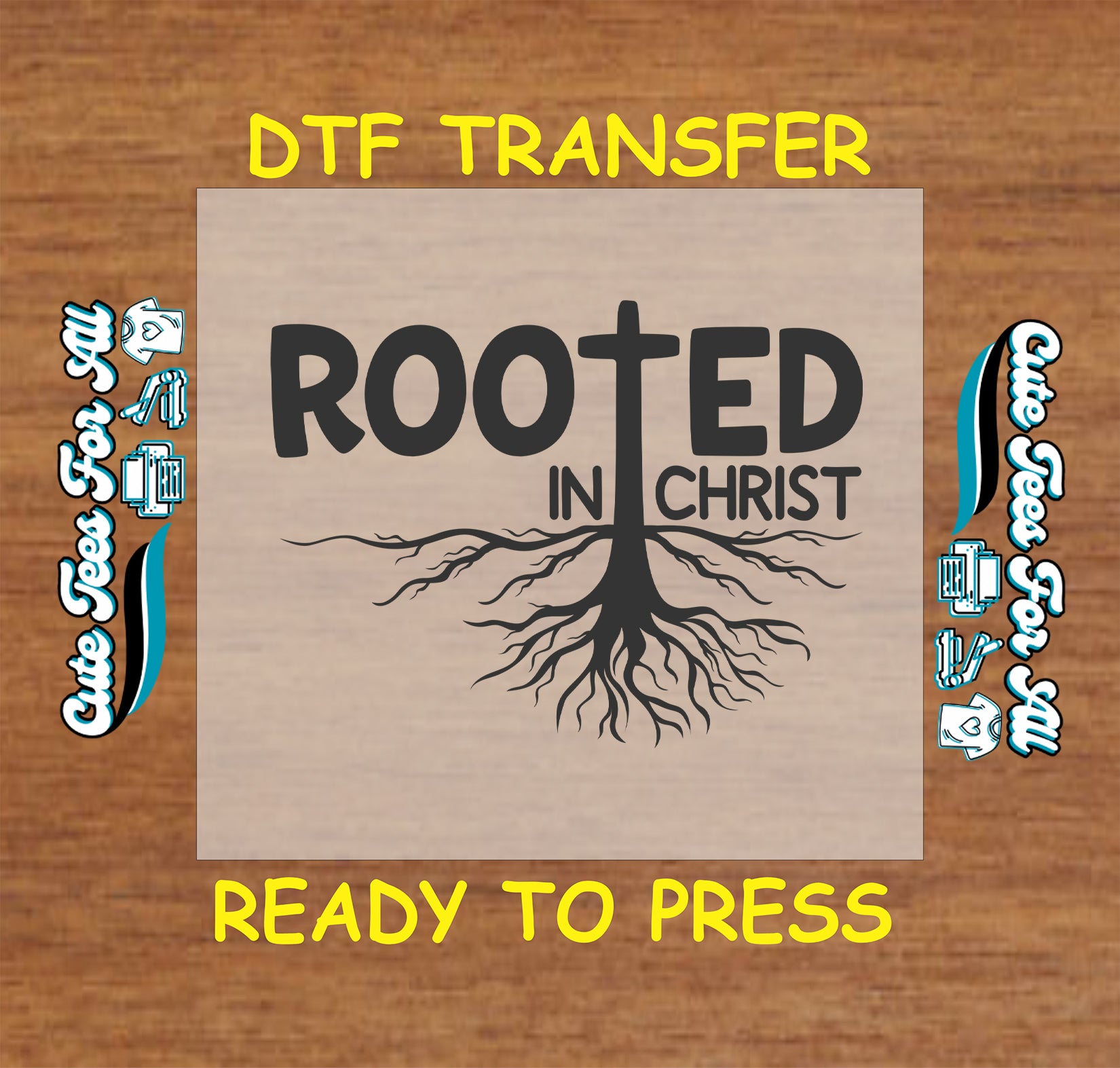 “Rooted in Christ” text with a cross forming tree roots.